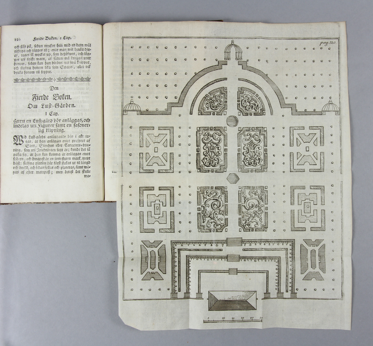 Bok med halvfranskt band med upphöjda bindninga, guldlinjerad rygg, titeletikett saknas.  Boken innehåller tio utvikbara graverade planscher. Tilläggen på slutet behandlar färgväxter, hur man planterar levande gärdsgårdare och en månadsvis uppställning av göromålen i en trädgård. Titelsida med texten: "Den rätta swenska trädgårds-praxis, eller kort underättelse huru köks-trä-örte och lustgårdar, tillika med orangerier samt humlegårdar, böra anläggas, skötas och conserveras. Sammanskrefwen, och med kongl. Maj;ts allernådigaste privilegio utgifwen. Hwarjemte följa trenne andra nödiga och nyttiga beskrifningar. Fjerde uplagan. Stockholm, Kongl. tryckeriet, 1780."
