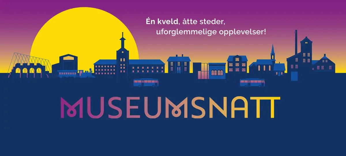 Stilisert "skyline" med silhuetten av alle deltakerne i MuseumsNATT vises mot solnedgangen, og på himmelen står det: "Én kveld, åtte steder, uforglemmelige opplevelser! MuseumsNatt"