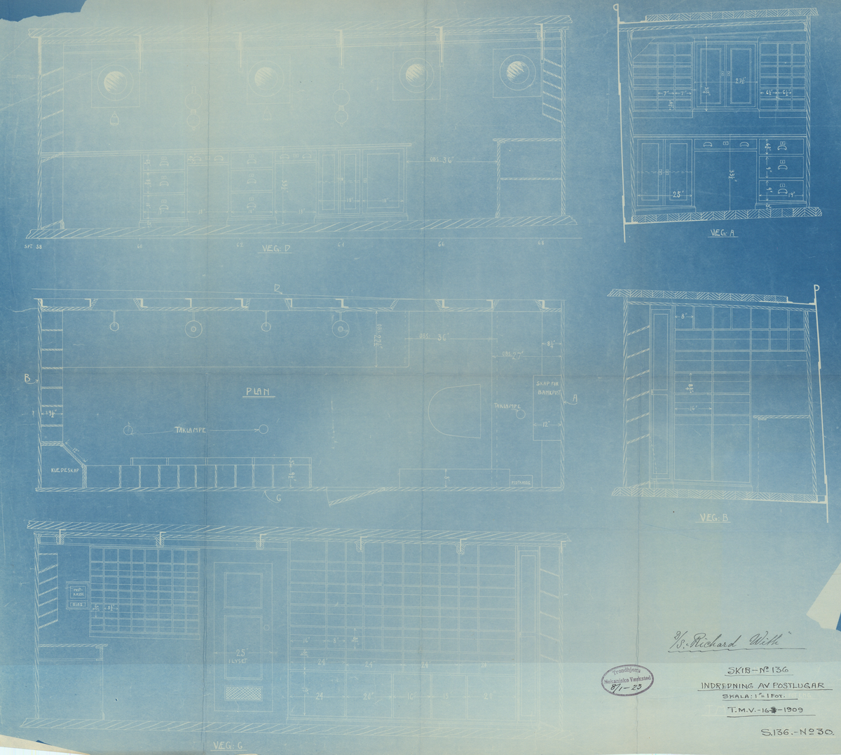 Tegning viser innredning av postkontor på D/S Richard With. Påsatt stempel.