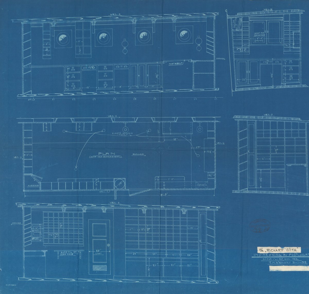 Tegning viser innredning av postkontor på D/S Richard With. Påsatt stempel.