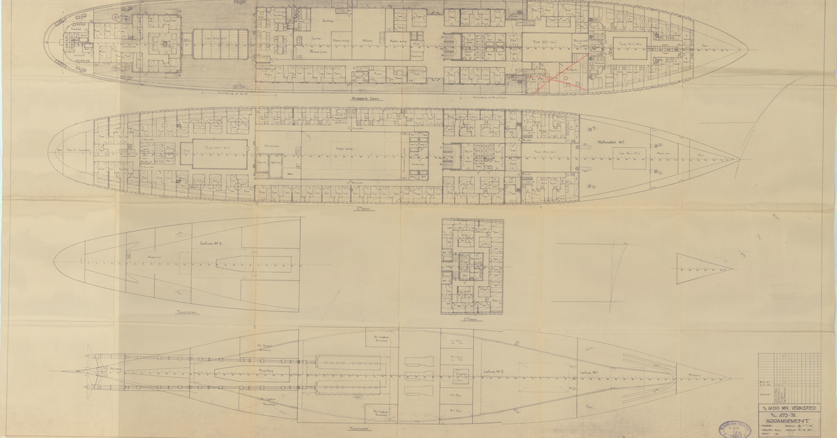 Tegningen viser dekksplaner for M/S Black Prince og M/S Black Watch.