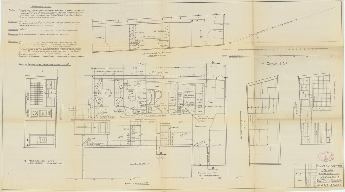 Tegningen i skala 1:24  viser innredning av postavdeling på M/S Black Watch.