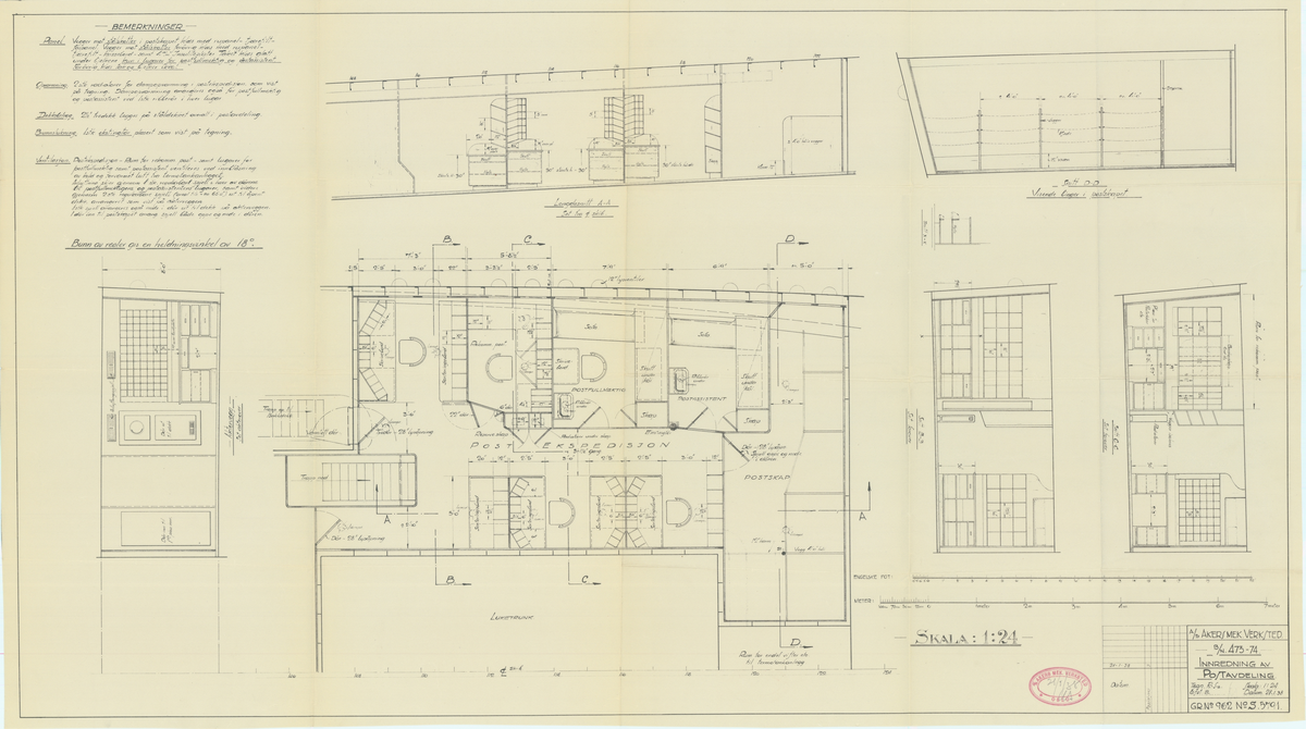 Tegningen viser innredning av postavdeling på M/S Black Prince og M/S Black Watch.