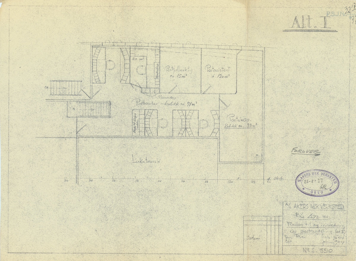 Tegningen viser forslag til innredning av postavdeling på M/S Black Prince og M/S Black Watch, alternativ I.