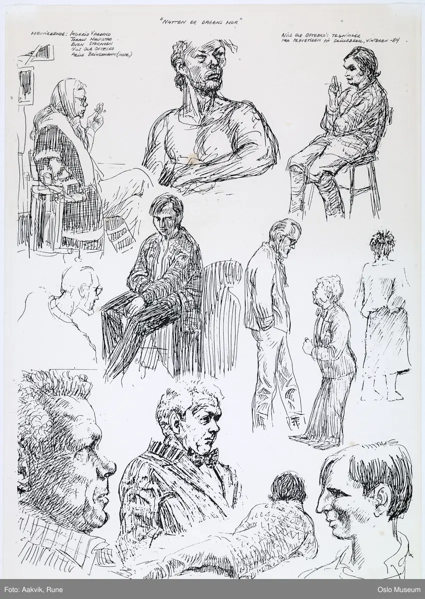 Karikaturer av hovedpersonene og regisøren i Nationaltheatrets 1984 produksjon av "Natten er dagens mor"
