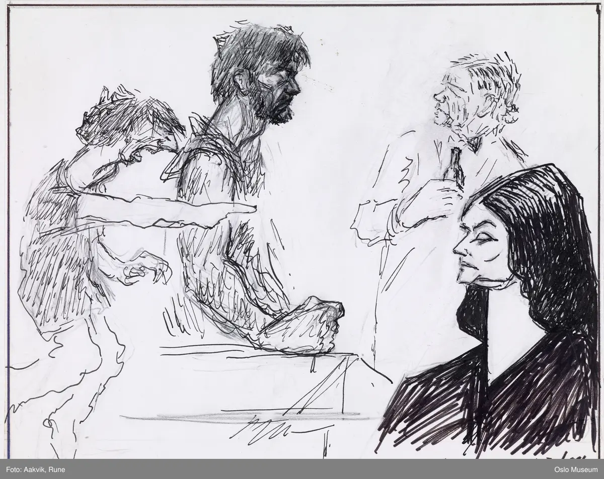 Karikatur av hovedpersonene i Nationalthetarets 1984 produksjon av "Natten er dagens mor"