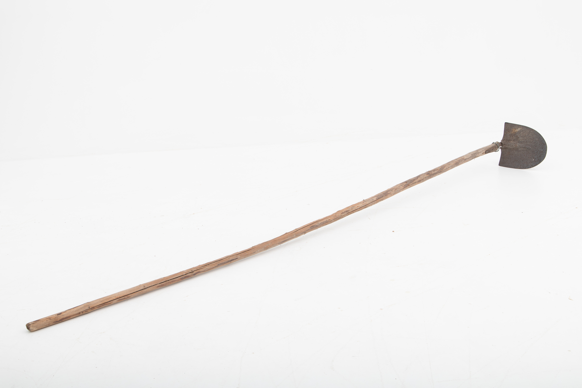 Spade med et langt skaft, ei granraje, på om lag 3,2 meter brukt til graving etter agn, sandøle (bekkeniøye), til lakefiske om vinteren (sehøstes). Skafet er delvis barket, men ellers nokså flisete i overflata. Bladet er fra en vanlig U-formet spade, der falen som skulle forankre det i skaftet er knekt. Her er denne komponenten erstattet av et vinkeljern, som vulsten ved bladets midtakse er klinket fast til. Den andre enden av vinkeljernet er spikret fast i den groveste enden av skaftet. Dette festepunktet er forsterket ved hjelp av ei ståltrådvikling gjennom tre jernkramper som er hamret inn i skaftenden. Spadebladet er altså montert noenlunde vinkelrett på skaftets lengderetning. Redskapet framstår dermed mer som ei krafse enn en spade. Jernet er noe rustent.