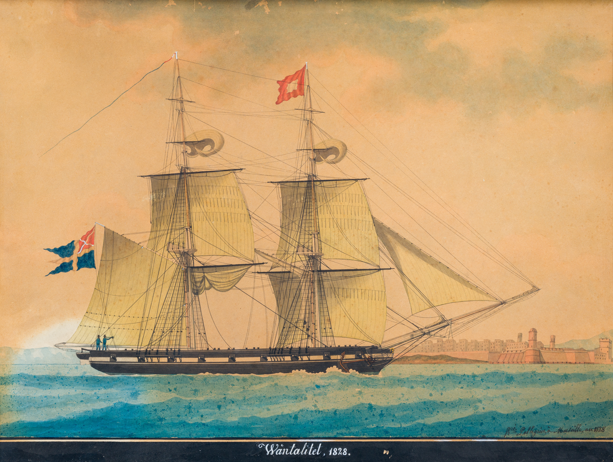 Akvarell föreställande briggen Vänta Litet i Marseille 1828. Briggen i profil med hissade segel. Den tidiga unionsflaggan, endast med röd botten och vitt kryss, hissad i aktern samt i toppen en signalflagga, röd med inre vit kvadrat. Nio kanonportar. Två besättningmän i blå uniform med svart höghatt. Den ena med ropare i handen. Bakom briggen på höger hand syns en stad med ett fort längst ut, Fort Sain-Jean, Marseille. Svart list nedtill med text i vitt: "Wänta litet 1828". Signerad i blyerts i högra nedre hörn: "Pellegrin, á Marseille au 1828".

Motivet bakom glas och ram. Guldfärgad och ornamenterad ram.