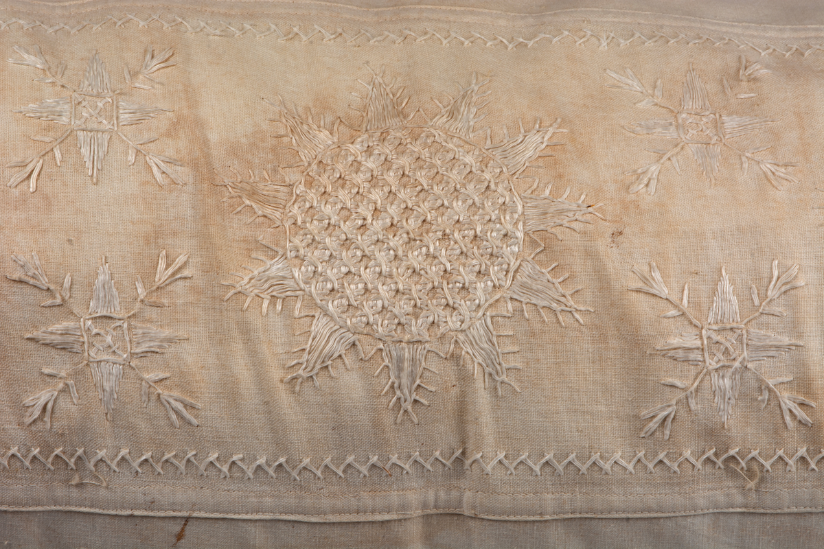 Kuddvar av vitt linnetyg med broderad bård på en kortsida, hallandssöm. Tyget är mycket gulnat och har några hål. Tygklädda knappar i ena kortsidan. Hålsöm vid linning. Sitter på kudde VMF100321.