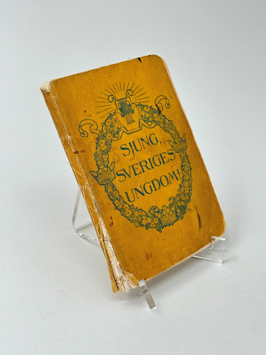 Sångbok, bunden och limmad, mjuka pärmar av gul förstärkt klot. På framsidan tryckt i blått: blomsterkrans med kronor och lyra samt titel: Sjung, Sveriges Ungdom!
146 sidor, börjande med litet musikteori, därefter visor med noter och text, sorterade i olika ämnesgrupper. På försättsbladet skrivet med svart bläck: And. Boberg Morbygden 08. Priset tryckt på titelbladet: 50 öre.