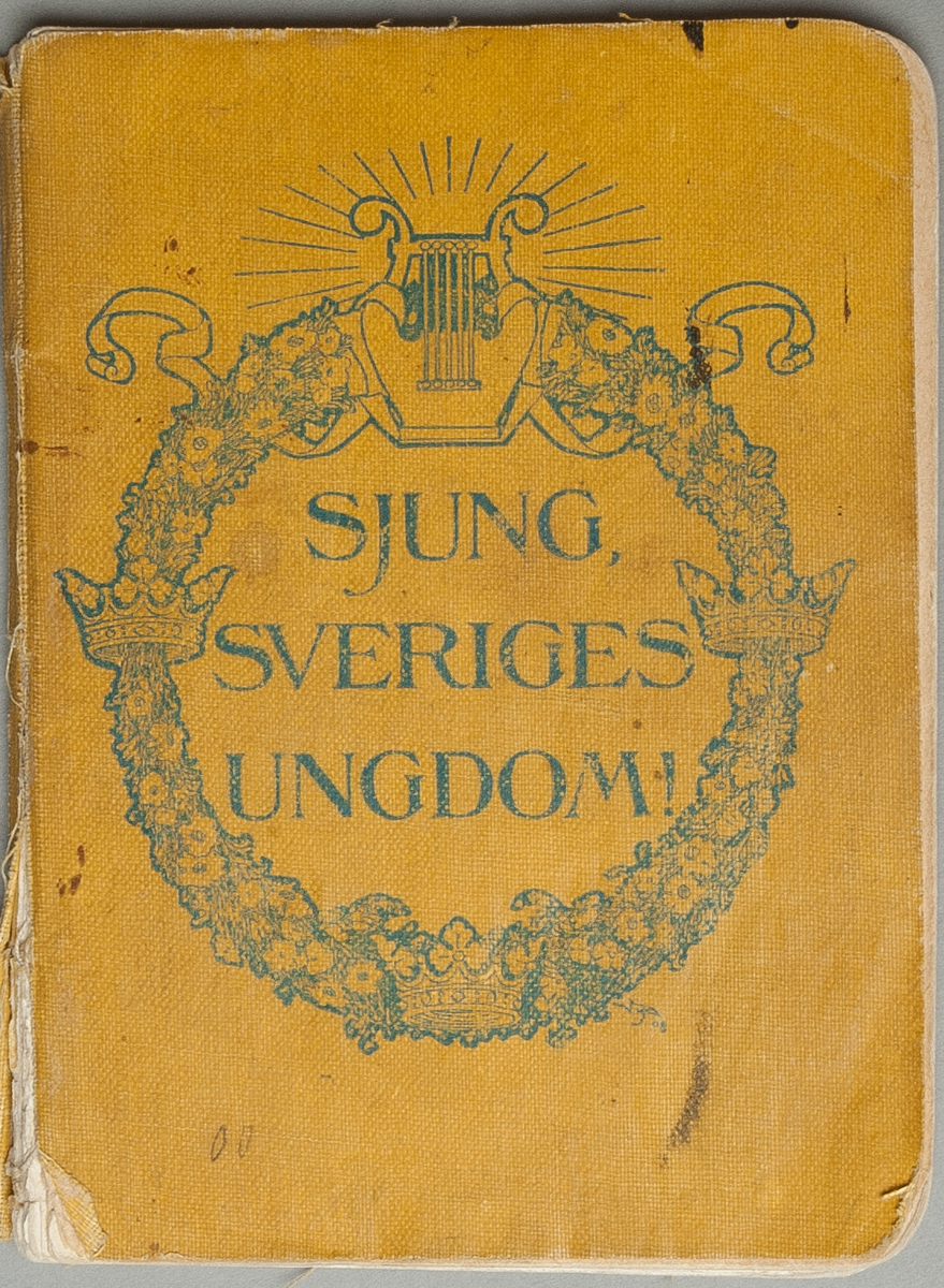 Sångbok, bunden och limmad, mjuka pärmar av gul förstärkt klot. På framsidan tryckt i blått: blomsterkrans med kronor och lyra samt titel: Sjung, Sveriges Ungdom!
146 sidor, börjande med litet musikteori, därefter visor med noter och text, sorterade i olika ämnesgrupper. På försättsbladet skrivet med svart bläck: And. Boberg Morbygden 08. Priset tryckt på titelbladet: 50 öre.