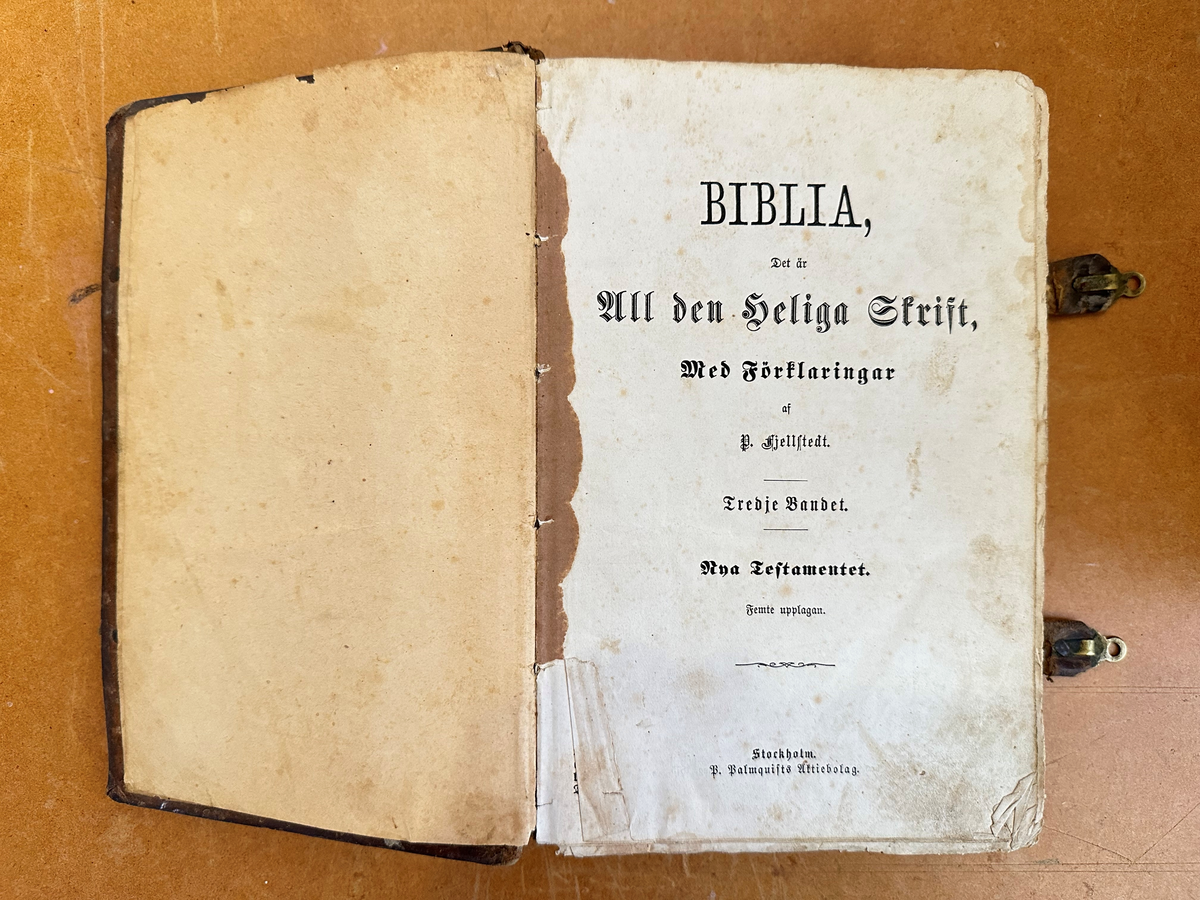 Bok: "Biblia". Skinnband med relieftryck av ett kors på pärmens framsida. Fem nitar i guldfärgad metall på vardera fram- och baksida. Boken försluts med två spännen i skinn och metall. Samlingsnumrering Väla sockenbibliotek Nr 229.