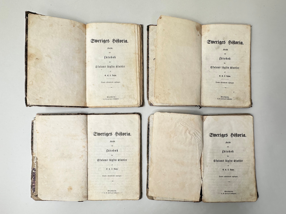 Bok: "Sweriges historia, försök till lärobok för skolans lägsta klasser".
Utgiven 1864 i Stockholm.
Samlingsnumrering Väla Folkskola Nr. 31, 32, 1, 12, 15, 22, 5 och 2, 20, 34, 9, 23.