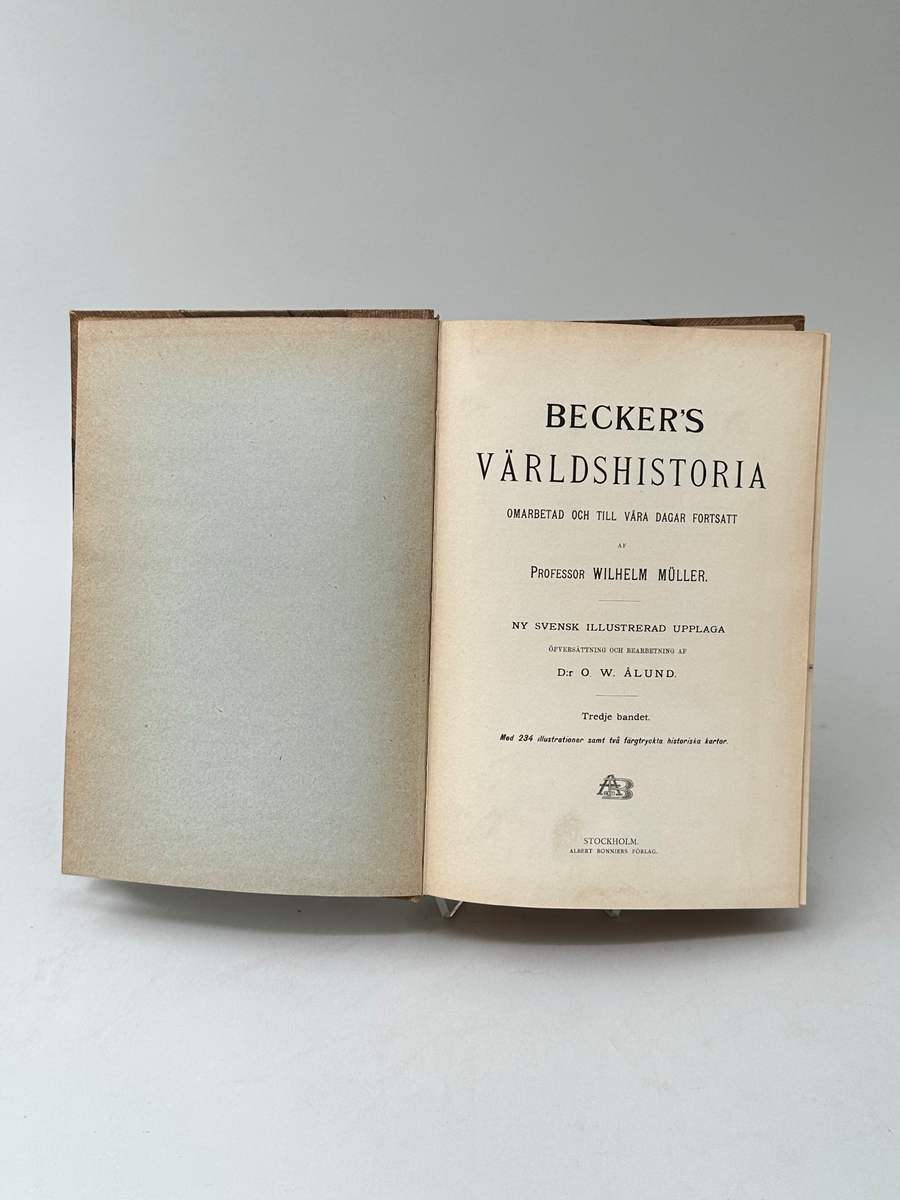 Bok: "Becker's världshistoria", tredje bandet. Halvklotband i strukturerad beige textil. Pärm i beigebrunt papper, abstrakt mönstrat. 