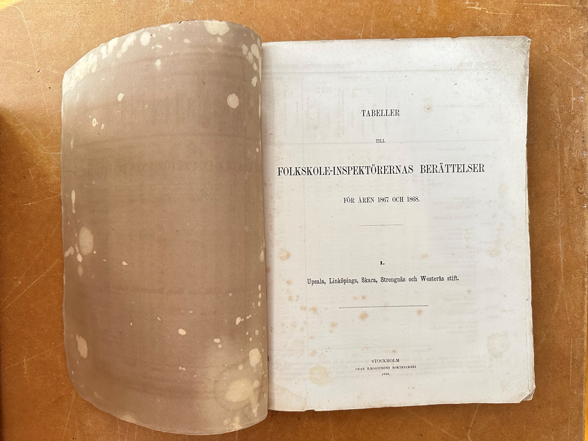 Bok: "Tabeller till folkskole-inspektörernas berättelser för åren 1867-1868". Pärm i naturfärgat papper. Osprättad.