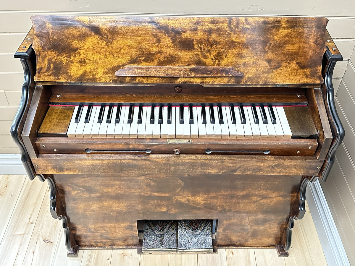 Orgel, tramporgel. Av mörk betsad och lackerad björk, samt svartmålad baksida. Profilerade sidostycken med målade svarta kanter. Dekorativt utformade ljudhål, som linjer med cirkulära avslut. Fäll- och låsbart lock med fastmonterad fällbar notställslist. Tangenter av trä med fanér på de vita tangenterna av ben el. horn. Två pedaler, klädda med sekundär, orientaliskt mönstrad och lackad korkmatta.