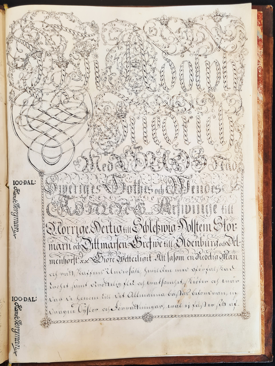 Friherrebrev för kanslirådet Joachim Friedrich Preis. Urfärdat av Adolf Fredrik och dat. Stockholm den 18 oktober 1751. Pergament och i silkessnodd vidhängande stort lacksigill, inom träkapsel. Prydligt präntat och inbundet. Mästarprov utfört av Christian Schneidler.