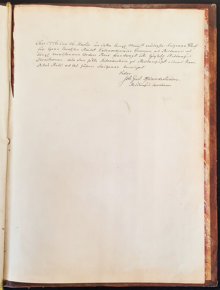 Friherrebrev för kanslirådet Joachim Friedrich Preis. Urfärdat av Adolf Fredrik och dat. Stockholm den 18 oktober 1751. Pergament och i silkessnodd vidhängande stort lacksigill, inom träkapsel. Prydligt präntat och inbundet. Mästarprov utfört av Christian Schneidler.