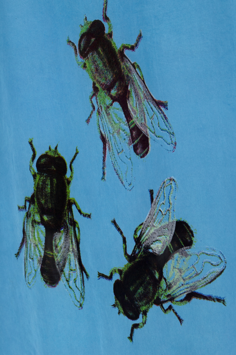 Tilnærmet kvadratisk tekstil i blå silke med trykk av fluer.