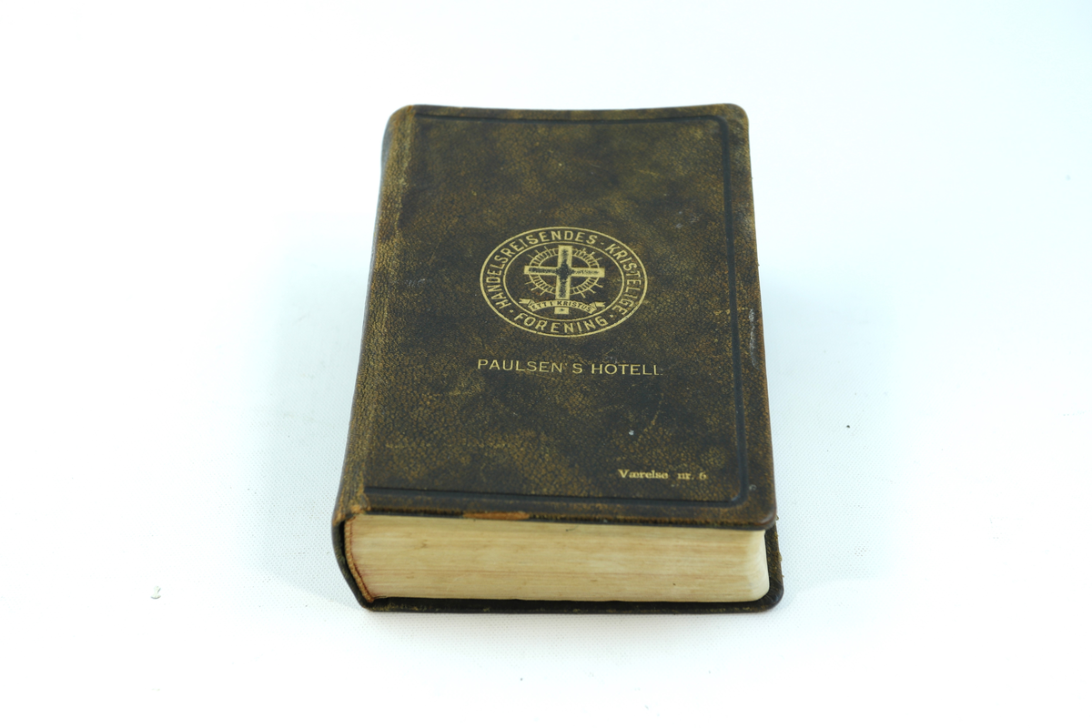 Bibel innbundet i brunt skinn, med gullbokstaver på forsiden og på bokryggen. Innlimt side på innsiden av permen med tekst av joh. 3.16 på flere språk.