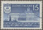 Frimärke ur Gösta Bodmans filatelistiska motivsamling, påbörjad 1950.
Frimärke från Finland, 1950. Motiv av Rådhuset i Hälsingfors Staden 400-år 1550-1950