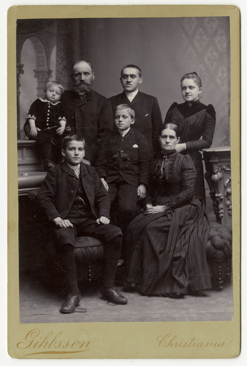 Portrett av familie.

Påskrift: Gihbson Christiania. 

Påskrift bak: Sølvmedalje. Skien 1891. Gihbsson. Christiania. Carl Johansgate 19. Ovesems Eftfl. J.L.N

Påskrift på lapp som lå i album: Thommesen
