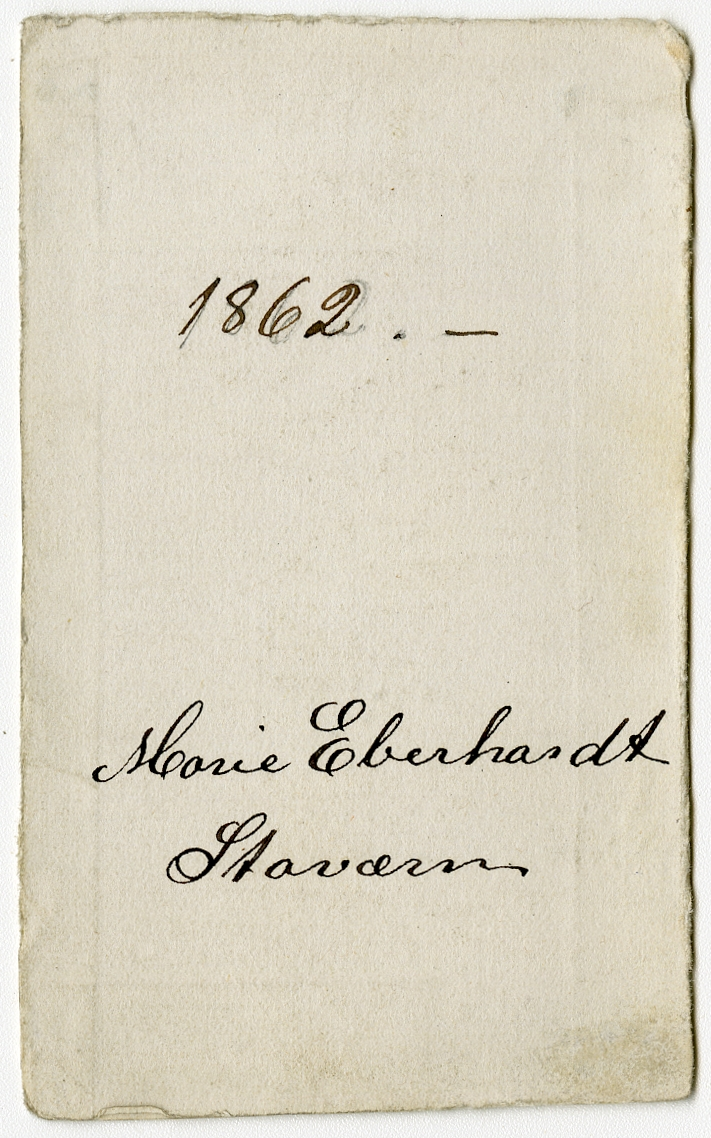 Portrett av Marie Eberhardt gift Houen (f. 1840)

Påskrift Bak: 1862. Marie Eberhardt, Staværn