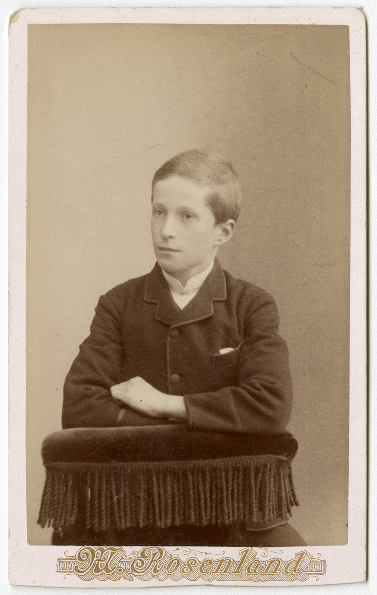 Portrett av gutt, antagelig Peder Severin Houen (f.1874)

Sønn til Niels Laurits Houen og Marie Kristine Eberhardt 

Påskrift: M. Rosenland.

Påskrift Bak: P. Hauen. Høsten. 1886. M. Rosenland. Skien