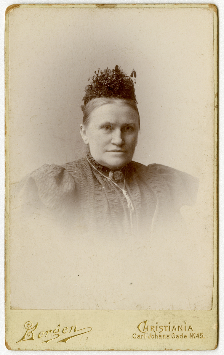 Portrett av ukjent kvinne.

Påskrift: Bergen. Gustav Borgen. Christiana. Carl Johans Gate N45. 

Påskrift Bak: Gustav Borgen. Christiania. Carl Johans Gade N45. Telefon 2779. J.&N.