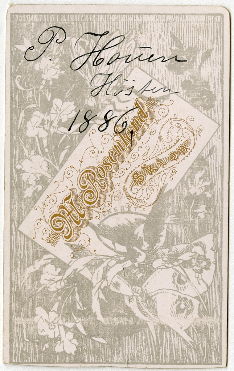 Portrett av gutt, antagelig Peder Severin Houen (f.1874)

Sønn til Niels Laurits Houen og Marie Kristine Eberhardt 

Påskrift: M. Rosenland.

Påskrift Bak: P. Hauen. Høsten. 1886. M. Rosenland. Skien