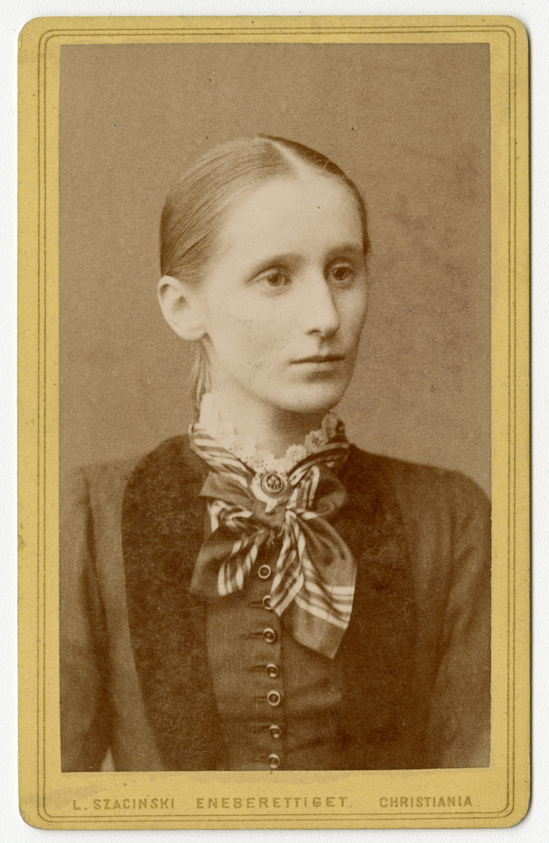Portrett av ukjent jente.

Påskrift: L. Szacinski. Eneberettighet. Christiania. 

Påskrift Bak: 1883. Fotograf L. Szacinski. Carl Johans Gate 4 (Ved Stortinget). Belønnet med medaljer for portraiter i Wien, Philadelfia, Paris & Sølvmedalje for fotografier. På kunst og industriutstillingen i Christiania.