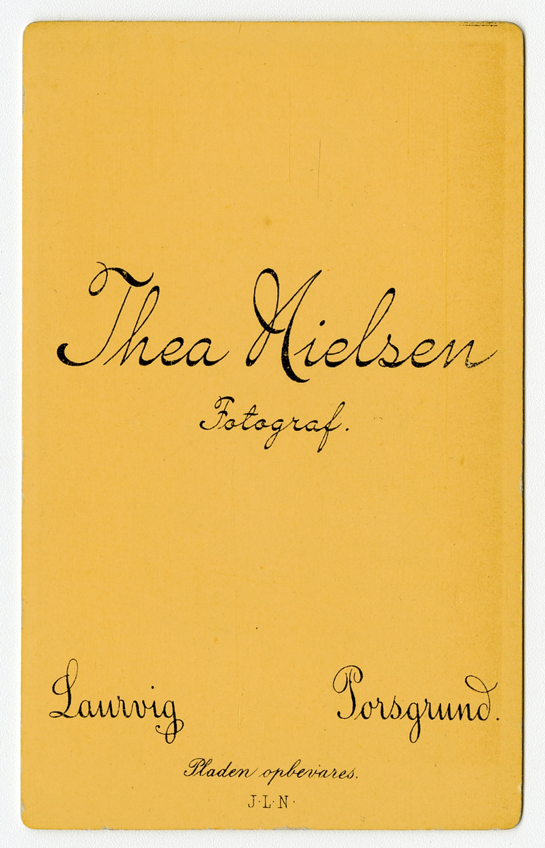 Portrett av en gruppe ungdom, ca. 1880-tallet

Påskrift Bak: Thea Nielsen. Fotograf. Laurvig. Torsgrund. Pladen opbevares. J.L.N
