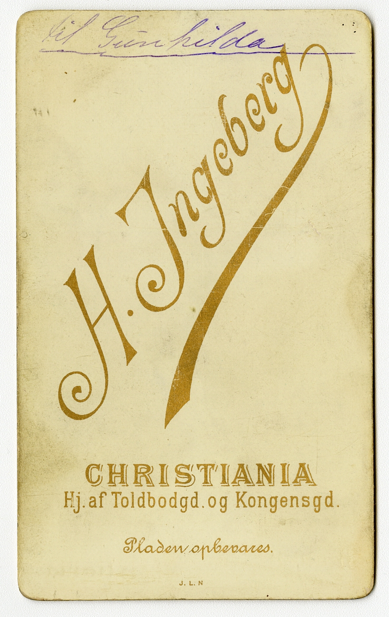 Portrett av lite barn. Gunhilda som blir nevnt i påskrift av foto kan være Gunhilda Houen f. 1868 (noe usikkert)

Påskrift: H. Ingenberg. Christiania. 

Påskrift bak: 

Til Gunhilda. 

H. Ingeberg. Hj. af Toldbedgd. og Kongensgd. Pladen opbevares. J.L.N
