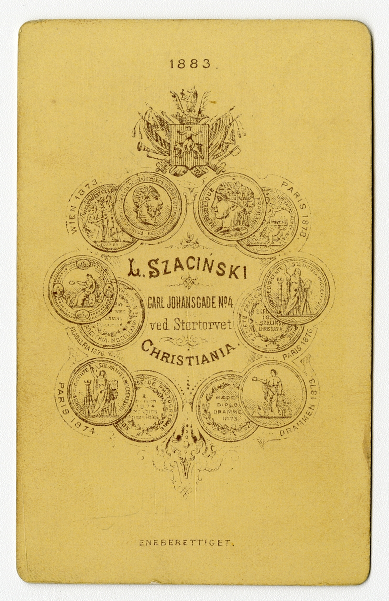 Portrett av ukjent gutt

Påskrift: L. Szacinski. Christiania. 

Påskrift bak: Fotograf Atelier. Ltz. L. Bryn. Telefon 294. Larvik. Nansetgaden 25-27.