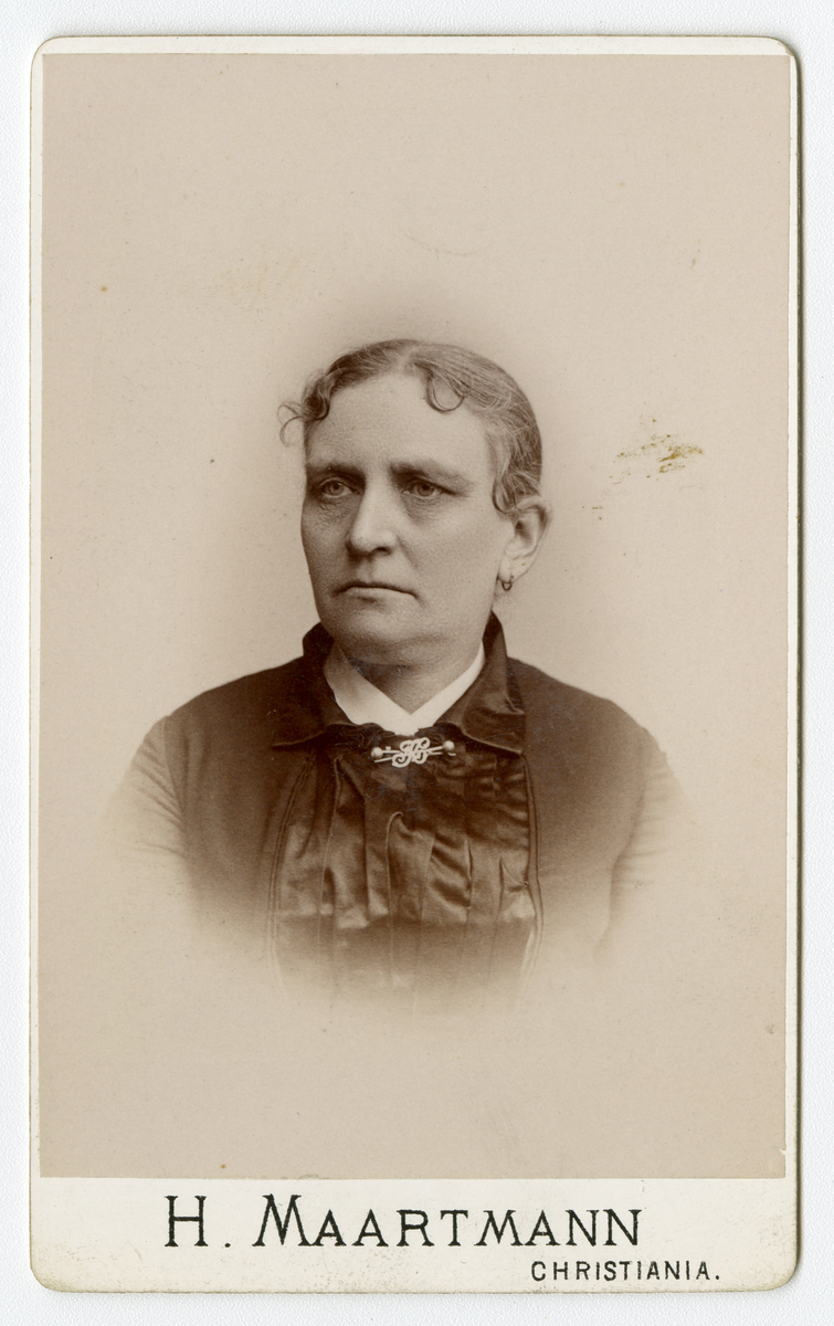Portrett av kvinne.

Påskrift: H. Maartmann. Christiania.
Påskrift bak: Kunst og Industriutstillingen Christiania. Diplom Hederlig Omtale 1883. 
H. Maartmann. Torvegaden 5a ved stortorvet. Christiania. Eneberettighet. Pladen opbevares.