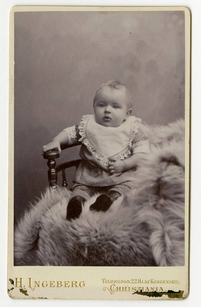 Portrett av baby.

Påskrift: H. Ingeberg. Toldbogd.22. Hj. Af. Kongensgd. Christiania.

Påskrift bak: H. Ingeberg. Pladen Opbevares. J.L.N.