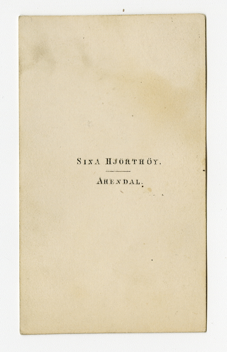 Portrett av kvinn, Arendal i 1864

Påskrift Bak: Sina Hjorthoy. Arendal.