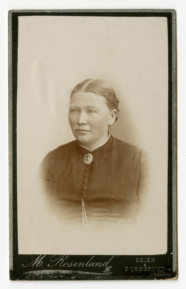 Portrett av kvinne.

Påskrift: M. Rosenland. Skien & Porsgrund.
Påskrift Bak: M. Rosenland. Skien & Porsgrund. J.L.Nerlien. Emeret.