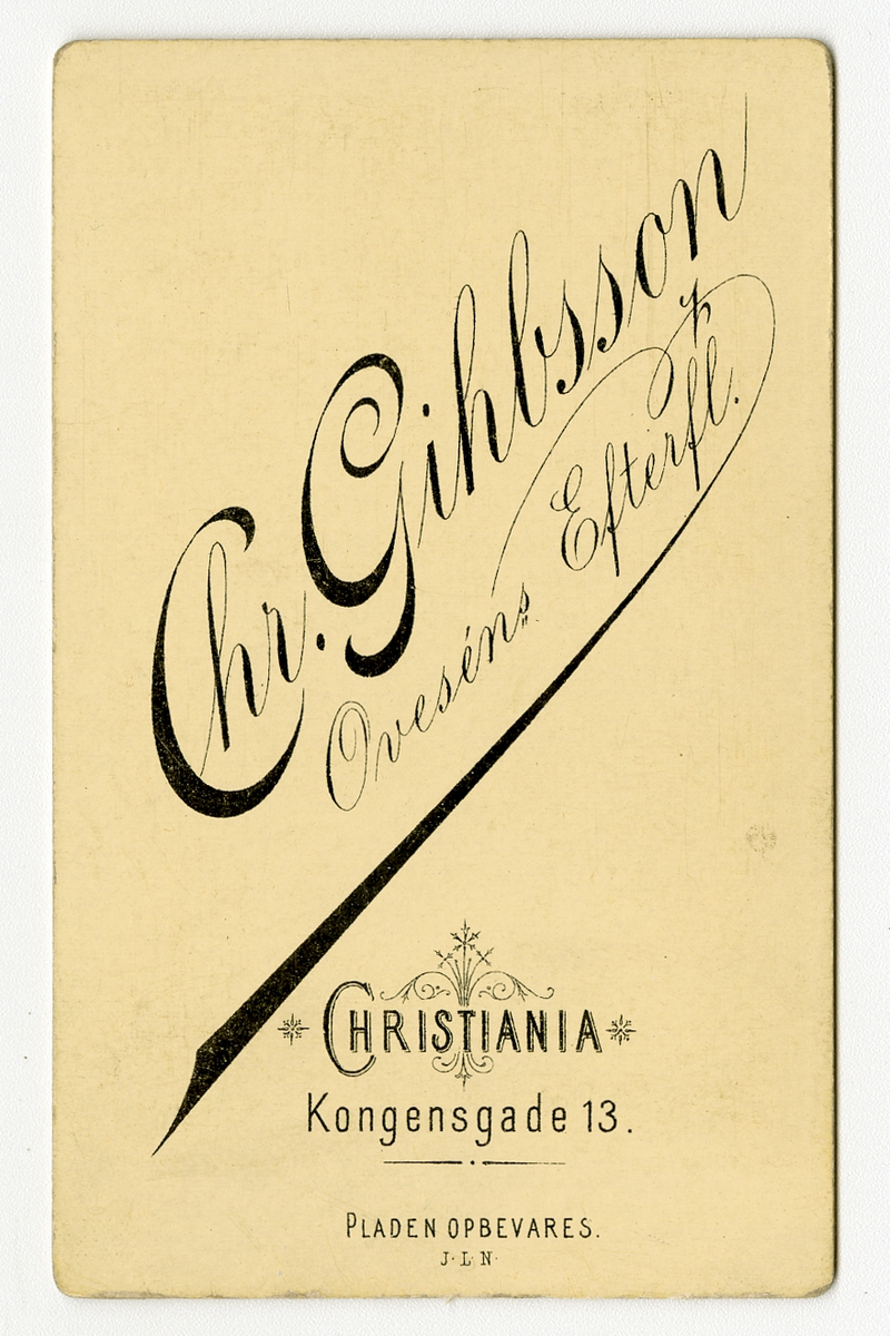 Portrett av kvinne.

Påskrift: Gihbsson. Christiania. Kongensgade 13.
Påskrift Bak: Chr. Gihbsson. Onesens Efterfl. Christiania. Kongensgade 13. Pladen Opbevares.