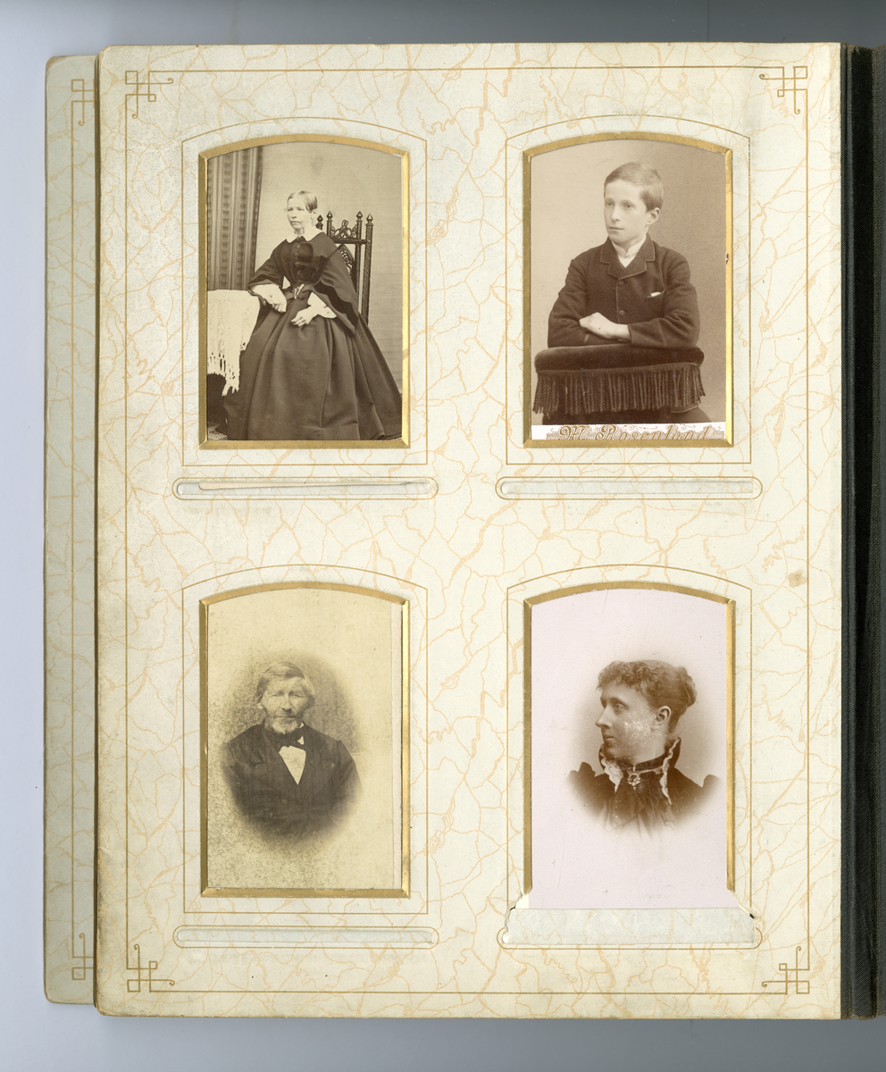 Fotoalbum med familiebilder. Navn på en del personene, påskrift på foto. Bl.a. Skiensfamilien Houen, Eberhardt m.fl.