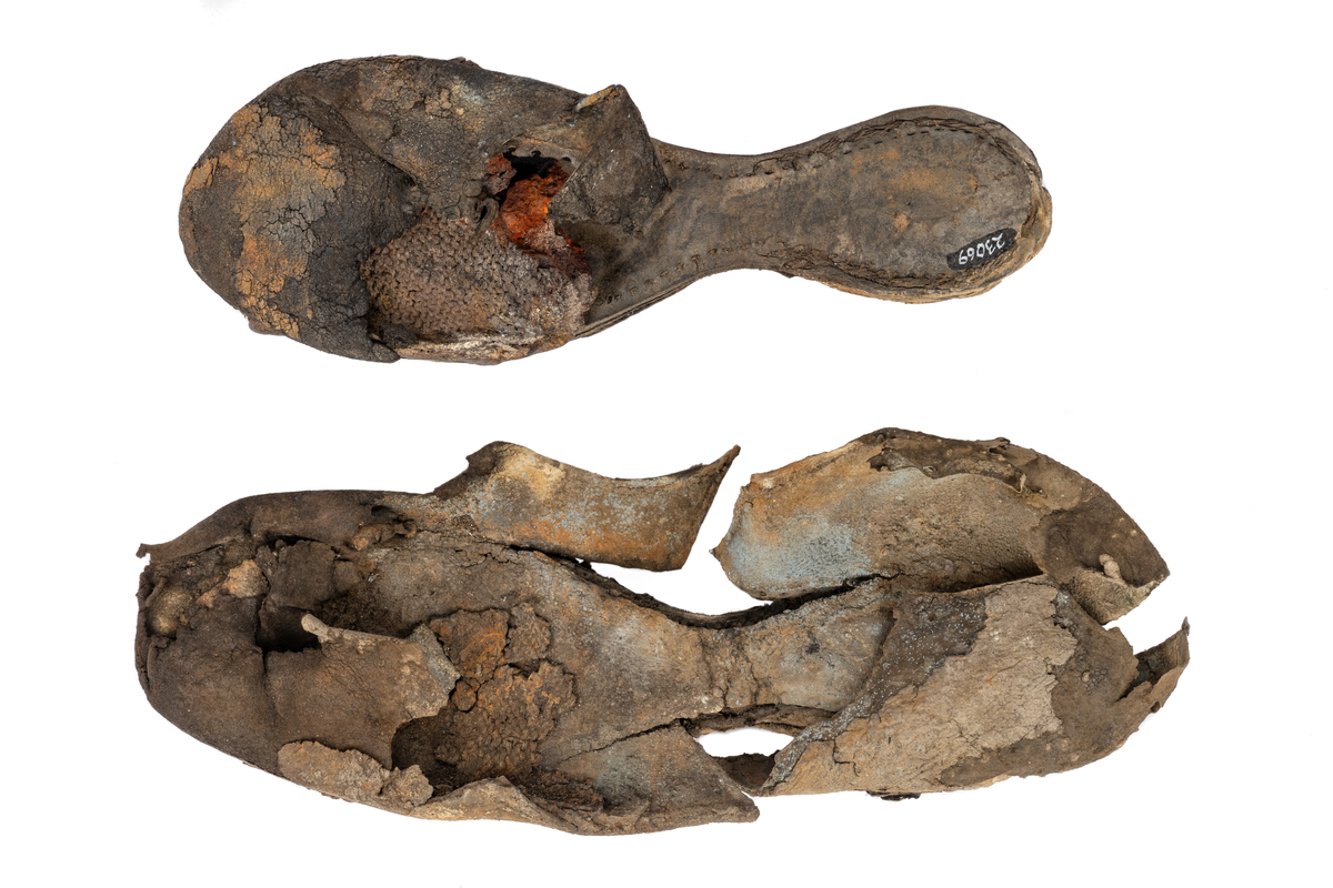 Dokumentation 1996:
Delar och fragment av sko: en skobotten samt ett fragmentariskt ovanläder, tre bitar av ett filtliknande material, ett 15-tal fragment av bottenläder samt sex mindre fragment av trä.
Skobottnen har kvarsittande tråd och träpligg. Yttersulan är ritsad. Klacken består av fem klacklappar som är placerade mellan ytter- och innersulan. Innersulans läder är mycket kraftigt, ca 6 mm tjock. Ovanlädret är sprött och fragmentariskt samt har blå och rostfärgade utfällningar.

Text in English: 
Various parts and fragments of a shoe, consisting of a sole with fragments of vamp (upper leather), three pieces of a felt-like material, some 15 fragments of sole or bottom leather and six smaller fragments of wood.
There are remains of thread and wooden pegs on the shoe sole. The outsole is channeled. The heel is made up of five heel lifts placed between the insole and outsole. The leather of the insole is very thick, ca 6 mm. The upper leather is fragile and fragmentary, and has blue and rust-coloured precipitations.

Dokumentation 2022:
Skobotten och delar av ovanläder till en öppen randsko. Tillverkade i getskinn av god kvalitet. Skapades på en rak läst och bars på höger fot. Klacken som är lagad med en läderlapp under sulan. Inga dekorationer. Det finns tecken på delaminering. Fragment från en stickad strumpa hittades inuti skon. Det finns lagningar med träpligg på sulan och hälen. Skobotten hör ihop med fyndnummer 23070.
För mer information, se Länkade filer: Uppritning

Text in english:
This is the bottom unit and upper fragments of an open shoe, made of goatskin leather of good quality, of randed construction with a patch heel, made on a straight last and worn on the right foot, with no decorative features. The bottom unit pairs with 23070. There are signs of delamination and fragments of a knitted stocking were found inside the shoe. There are pegged repairs to sole and heel.
For more information, go to Länkade filer: Uppritning