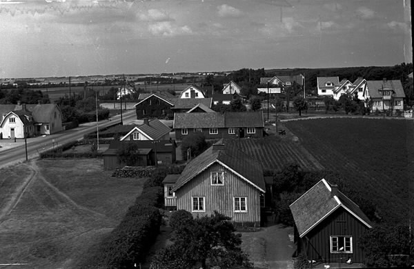 Handkolorerat vykort, "Motiv från Skogstorp, Falkenberg". Vy något från ovan över enfamiljshus med trädgårdar och i mitten vid vägen en gård med odlingar.