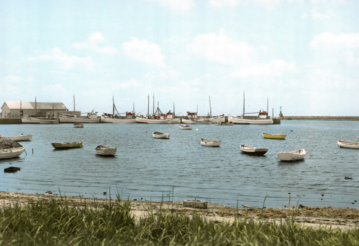 Kolorerat vykort, "Glommens hamn." Fiskebåtar vid kajen och ekor i vattnet närmare strand vid Glommens hamn.