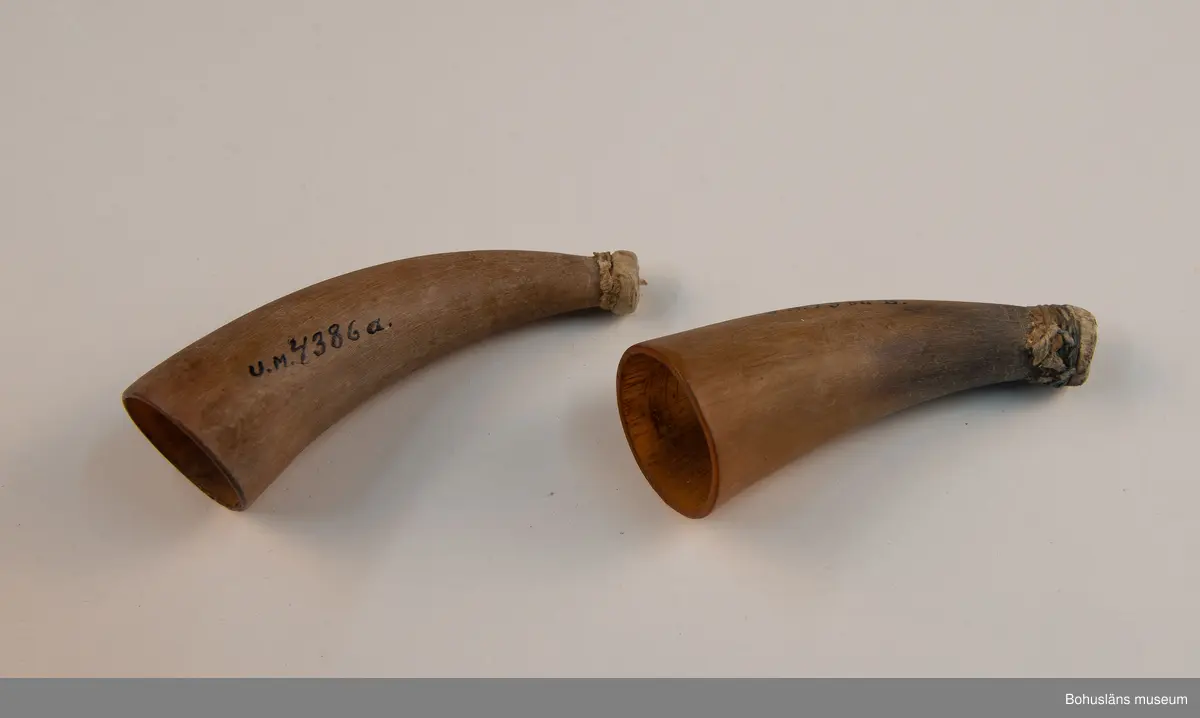 Ur handskrivna katalogen 1957-1958:
Två horn för koppning
a) L. c:a 9,5 cm; av kalv, spetsen avskuren och överbunden m. tunnt skinn, sprucket; f.ö. helt. b) på undersid. ett lock som skyddar ett spegelglas i 2 delar. Defekt.

Lappkatalog: 94