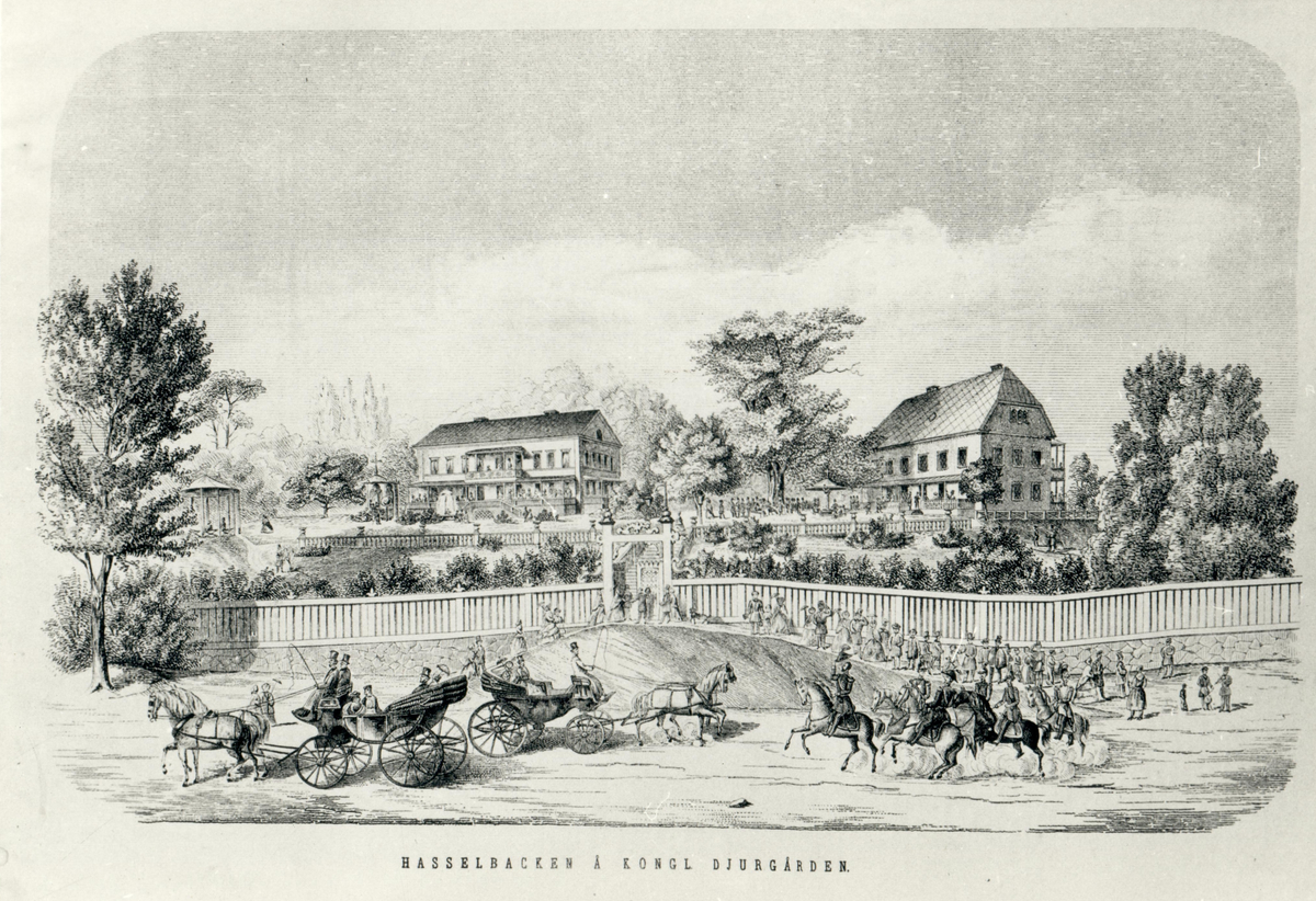 Hasselbacken på Kungliga Djurgården, kopparstick. Ur Illustrerad Tidning 1859.