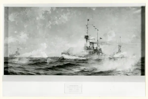 Utställning. Oljemålningen "Stridsövning" med pansarbåtarna 