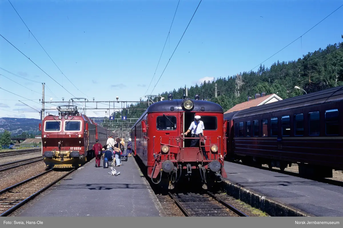 Togmøte på Nelaug stasjon. Fra venstre elektrisk lokomotiv El 17 2222 med ekspresstog til Oslo, motorvognsett type 68B med persontog til Arendal med styrevogn BFS 68B 82 nærmest og hurtigtog fra Oslo til Stavanger