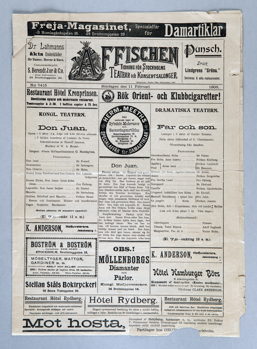 Sju programblad. Två olika format. "Affischen" - tidning för Stockholms teatrar och konsertsalonger. Från åren 1894-1906. I bladen presenteras program för teatrar m.m., men de är också försedda med tidstypiska reklamannonser.