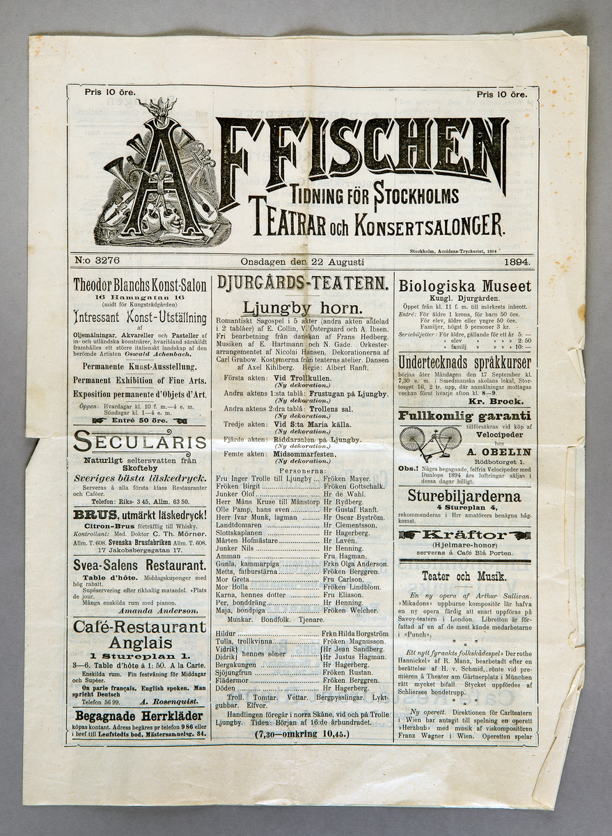Sju programblad. Två olika format. "Affischen" - tidning för Stockholms teatrar och konsertsalonger. Från åren 1894-1906. I bladen presenteras program för teatrar m.m., men de är också försedda med tidstypiska reklamannonser.