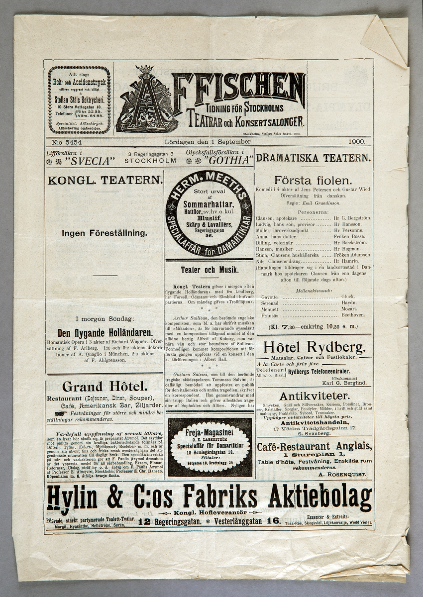 Sju programblad. Två olika format. "Affischen" - tidning för Stockholms teatrar och konsertsalonger. Från åren 1894-1906. I bladen presenteras program för teatrar m.m., men de är också försedda med tidstypiska reklamannonser.